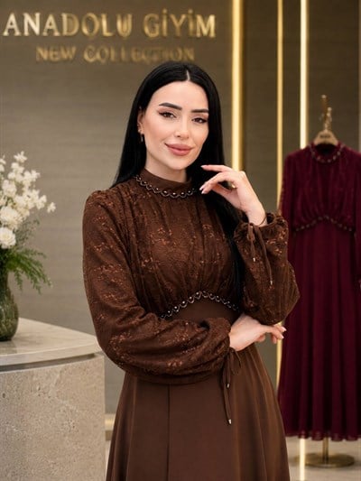 Üstü Güpür Balon Kol Şifon Elbise 9053 T-26 Kahverengi