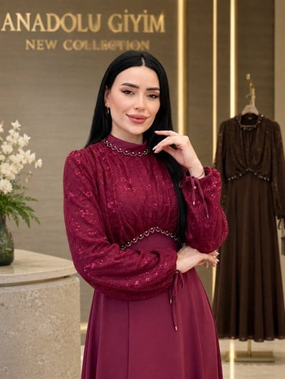 Üstü Güpür Balon Kol Şifon Elbise 9053 T-26 Mürdüm