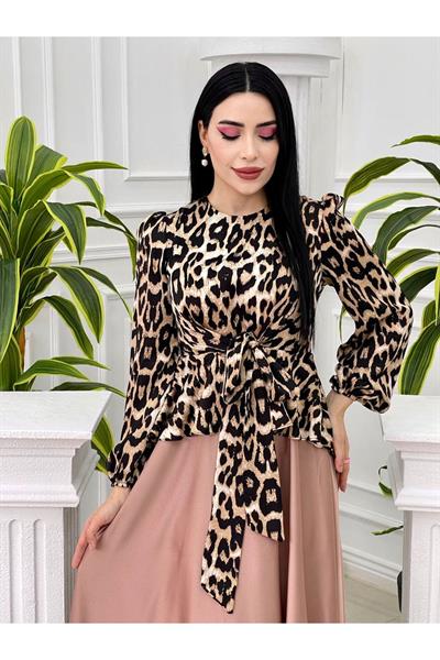 Üstü Leopar Saten Elbise 3858 Bej