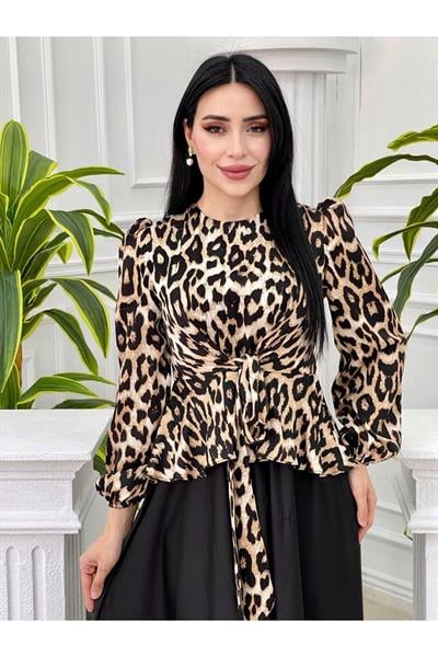 Üstü Leopar Saten Elbise 3858 Siyah