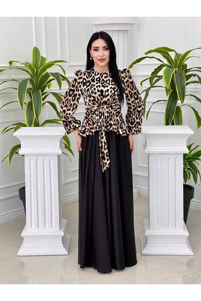 Üstü Leopar Saten Elbise 3858 Siyah