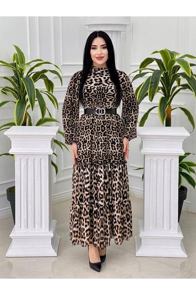 Üstü Piliseli Şifon Elbise 4051 Leopar