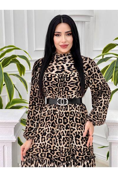 Üstü Piliseli Şifon Elbise 4051 Leopar