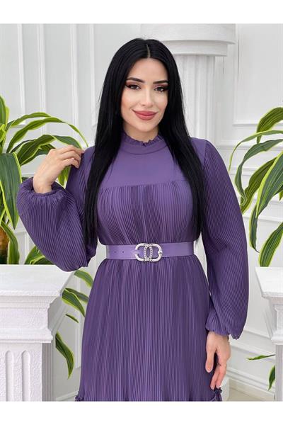 Üstü Piliseli Şifon Elbise 4051 Leylak