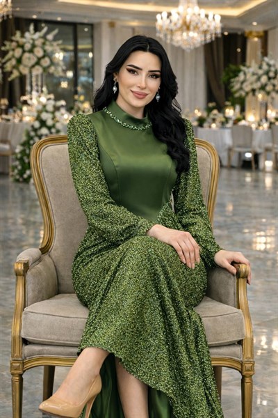 Üstü Saten Kol ve Etek Boncuk İşleme Abiye 5563 T-26 Haki