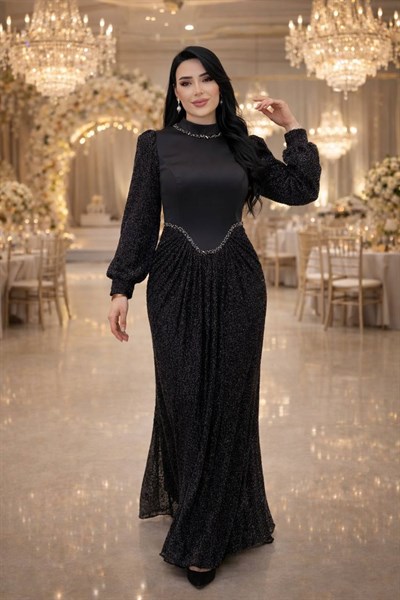 Üstü Saten Kol ve Etek Boncuk İşleme Abiye 5563 T-26 Siyah
