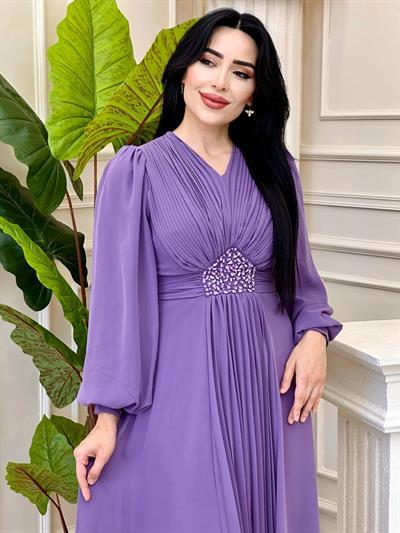 V Yakalı Beli Taş Şifon Elbise 4448 T-25 Lila