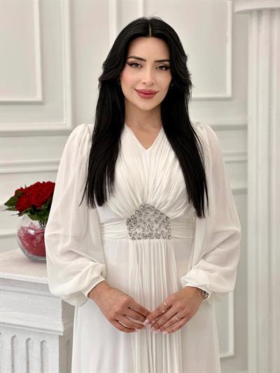 V Yakalı Beli Taş Şifon Elbise 4448 T-24 Beyaz