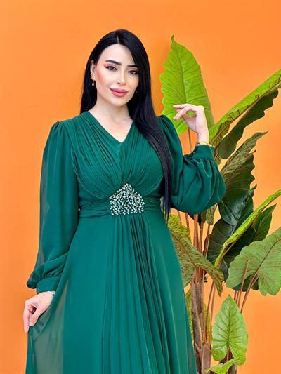 V Yakalı Beli Taş Şifon Elbise 4448 T-25 Zümrüt Yeşil