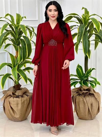 V Yakalı Beli Taş Şifon Elbise 4448 T-24 Kırmızı