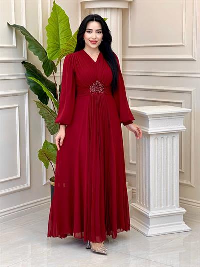 V Yakalı Beli Taş Şifon Elbise 4448 T-24 Bordo