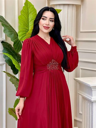 V Yakalı Beli Taş Şifon Elbise 4448 T-24 Bordo