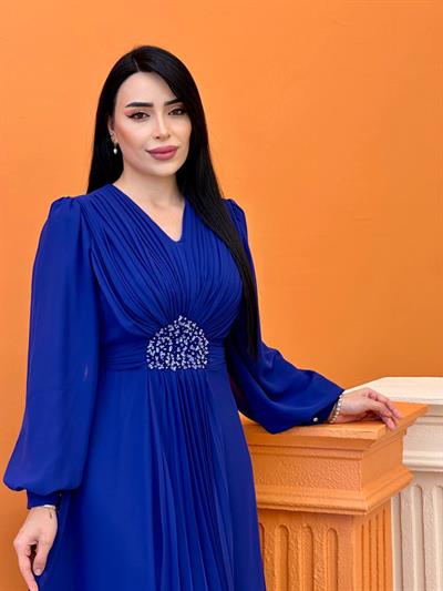 V Yakalı Beli Taş Şifon Elbise 4448 T-25 Saks
