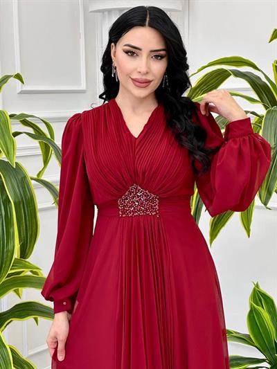 V Yakalı Beli Taş Şifon Elbise 4448 T-24 Kırmızı