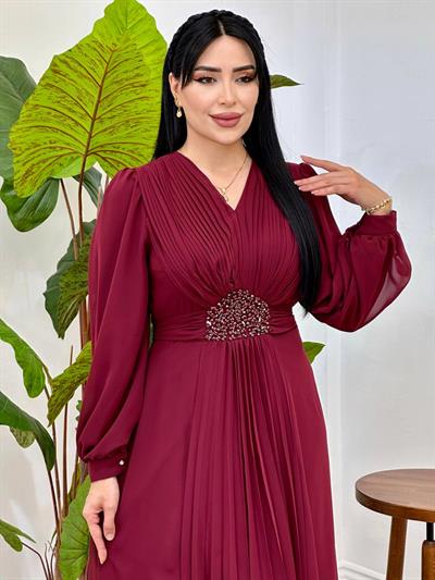 V Yakalı Beli Taş Şifon Elbise 4448 T-25 Bordo