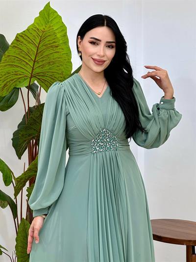 V Yakalı Beli Taş Şifon Elbise 4448 T-25 Mint yeşili