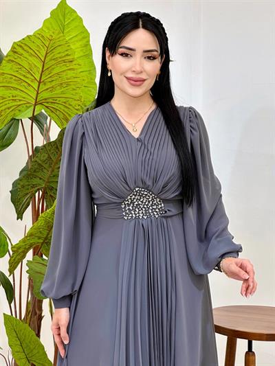 V Yakalı Beli Taş Şifon Elbise 4448 T-25 Füme