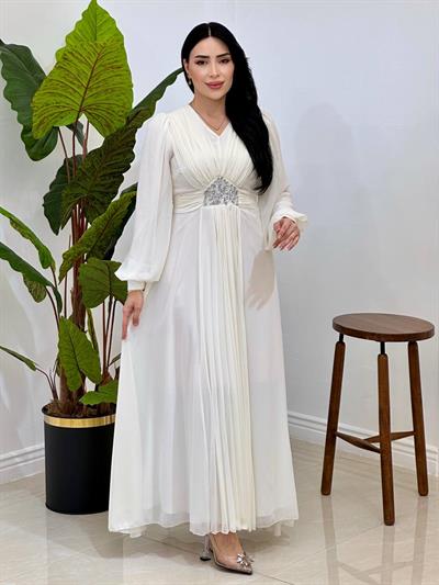 V Yakalı Beli Taş Şifon Elbise 4448 T-25 Beyaz