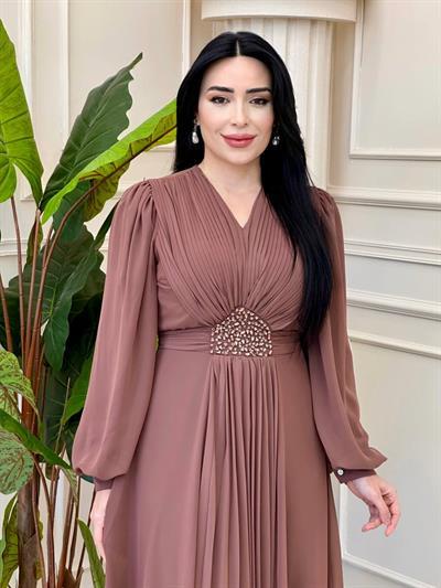 V Yakalı Beli Taş Şifon Elbise 4448 T-25 Rose