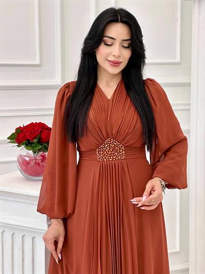 V Yakalı Beli Taş Şifon Elbise 4448 T-24 Kiremit