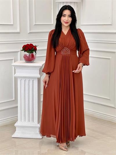 V Yakalı Beli Taş Şifon Elbise 4448 T-24 Kiremit