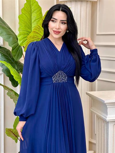 V Yakalı Beli Taş Şifon Elbise 4448 T-24 Lacivert