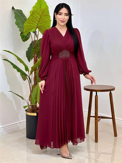 V Yakalı Beli Taş Şifon Elbise 4448 T-25 Bordo