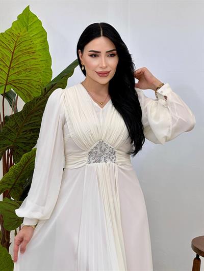 V Yakalı Beli Taş Şifon Elbise 4448 T-25 Beyaz