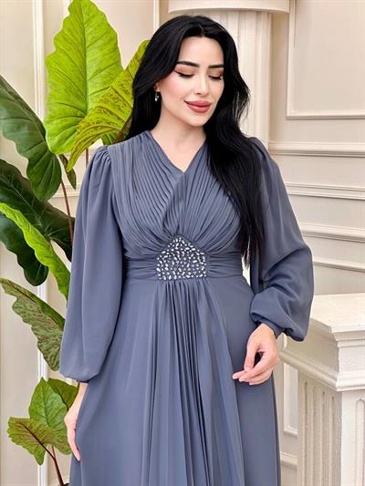 V Yakalı Beli Taş Şifon Elbise 4448 T-24 Füme
