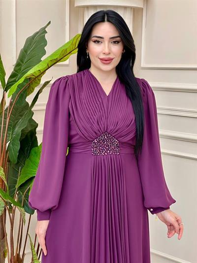 V Yakalı Beli Taş Şifon Elbise 4448 T-25 Mürdüm