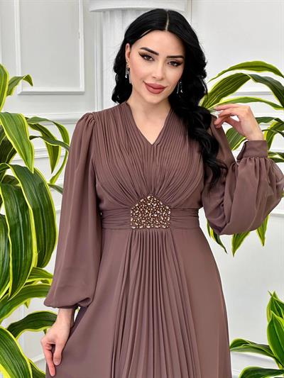 V Yakalı Beli Taş Şifon Elbise 4448 T-24 Vizon