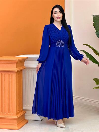 V Yakalı Beli Taş Şifon Elbise 4448 T-25 Saks