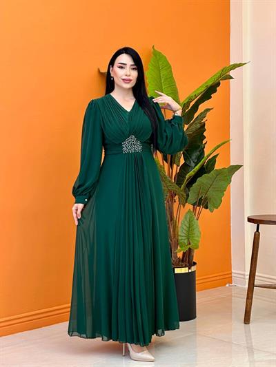 V Yakalı Beli Taş Şifon Elbise 4448 T-25 Zümrüt Yeşil