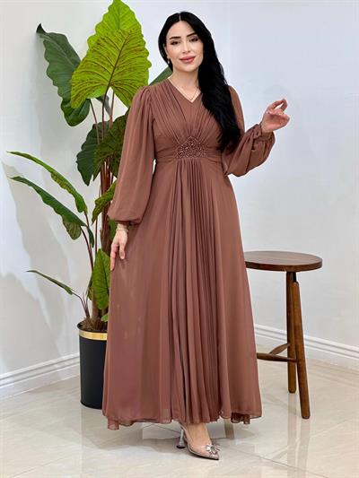 V Yakalı Beli Taş Şifon Elbise 4448 T-25 Vizon