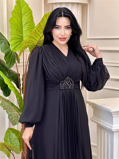 V Yakalı Beli Taş Şifon Elbise 4448 T-24 Siyah