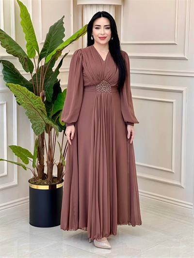 V Yakalı Beli Taş Şifon Elbise 4448 T-25 Rose