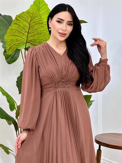 V Yakalı Beli Taş Şifon Elbise 4448 T-25 Vizon