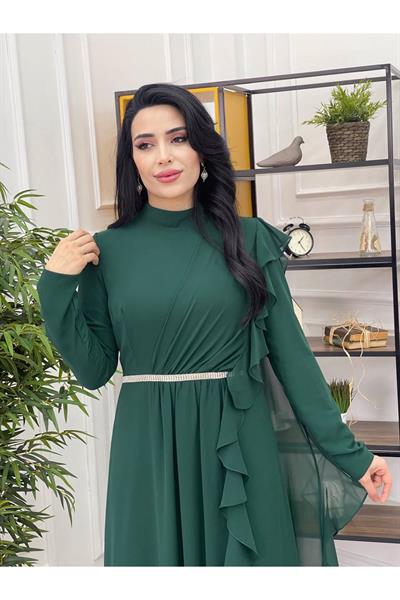 Volanlı Tek  Omuz Pelerin Elbise Zümrüt Yeşil