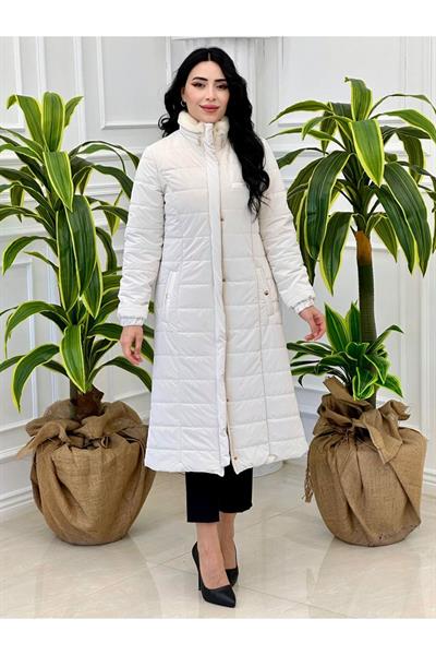 Yaka Angora Şişme Kaban 7305 Beyaz