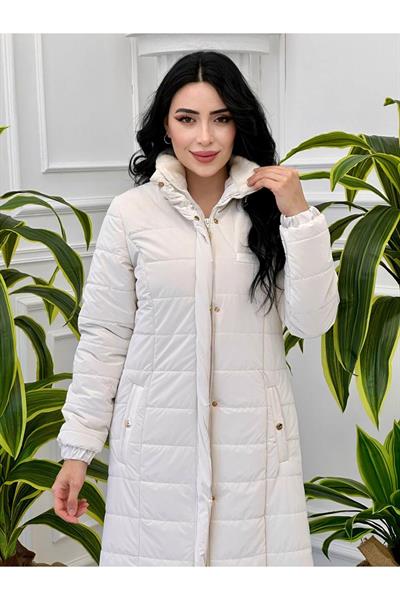 Yaka Angora Şişme Kaban 7305 Beyaz
