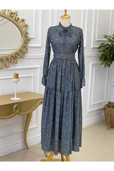 Yaka Bağçık Desenli Elbise 1160 Mint yeşili