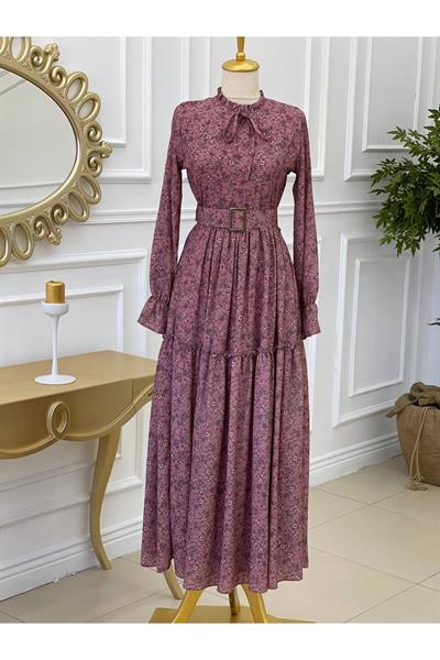 Yaka Bağçık Desenli Elbise 1160 Purdra