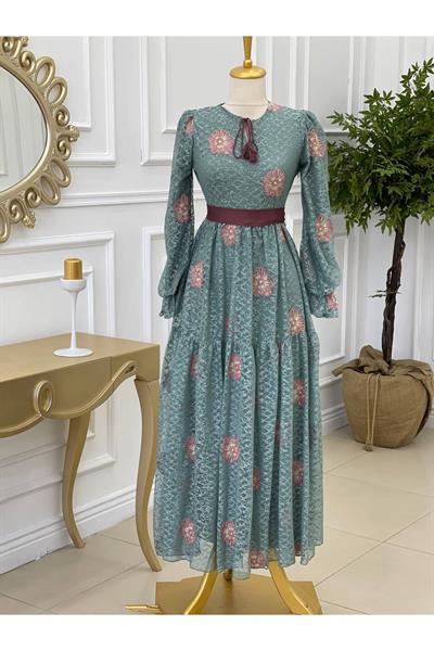 Yaka Bağçık Güpür Elbise 1216 Mint yeşili