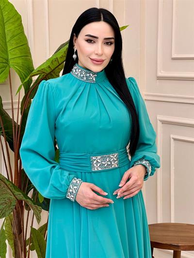 Yaka Bel Taş Şifon Elbise 0459 elb025 Mint yeşili