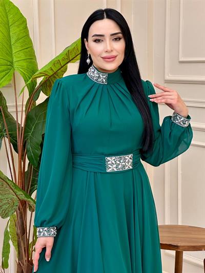 Yaka Bel Taş Şifon Elbise 0459 elb025 Yeşil