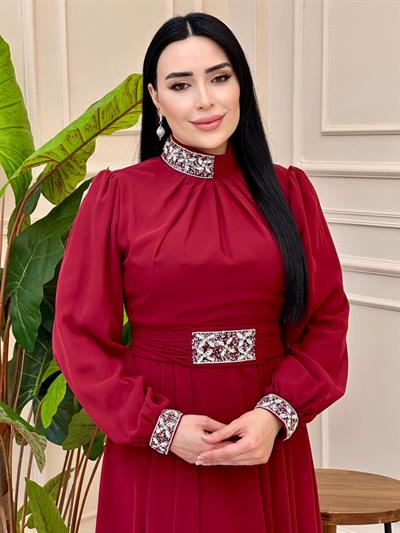 Yaka Bel Taş Şifon Elbise 0459 elb025 Bordo