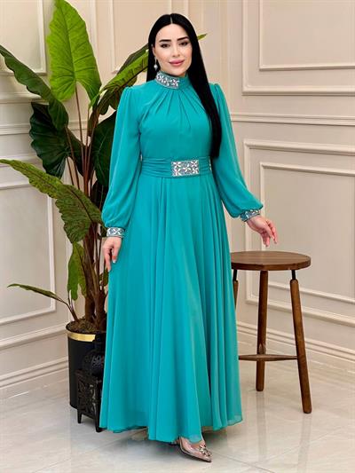 Yaka Bel Taş Şifon Elbise 0459 elb025 Mint yeşili
