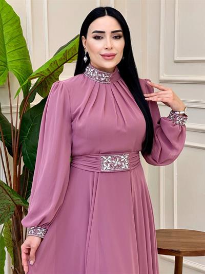 Yaka Bel Taş Şifon Elbise 0459 elb025 Pudra