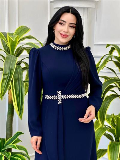 Yaka Bel Taşlı Elbise 3015 t-24 Lacivert