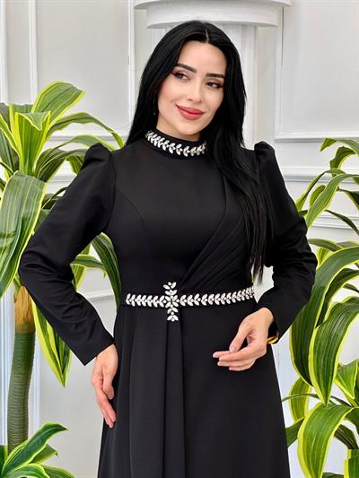 Yaka Bel Taşlı Elbise 3015 t-24 Siyah